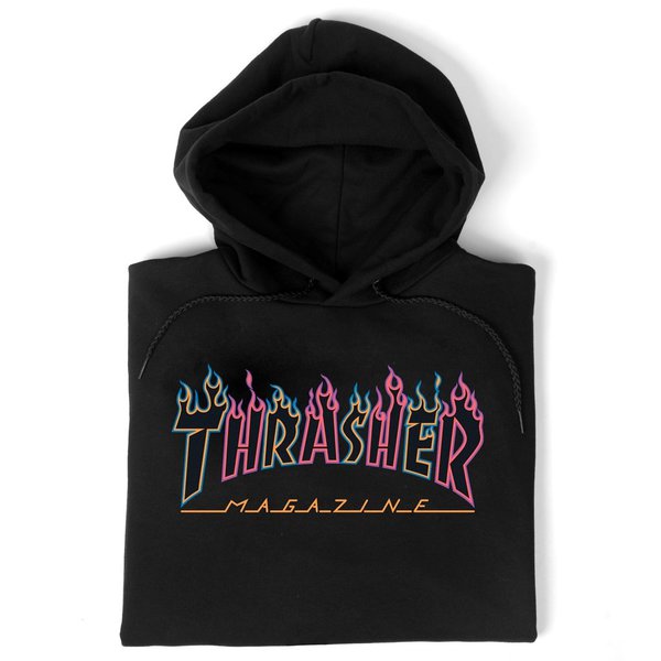 Thrasher Sweat Double Flame Neon Hood Black