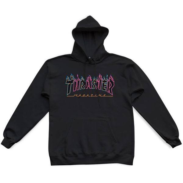 Thrasher Sweat Double Flame Neon Hood Black