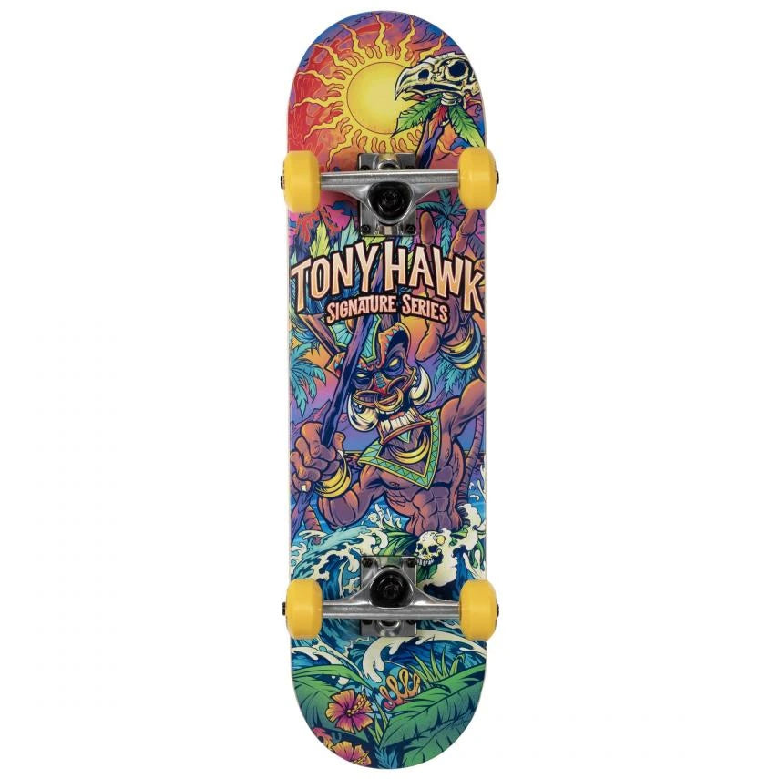 Skateboard complet Tony Hawk Signature Series 360, plateau 7,25 pouces graphisme guerrier tiki tropical, roues jaunes
