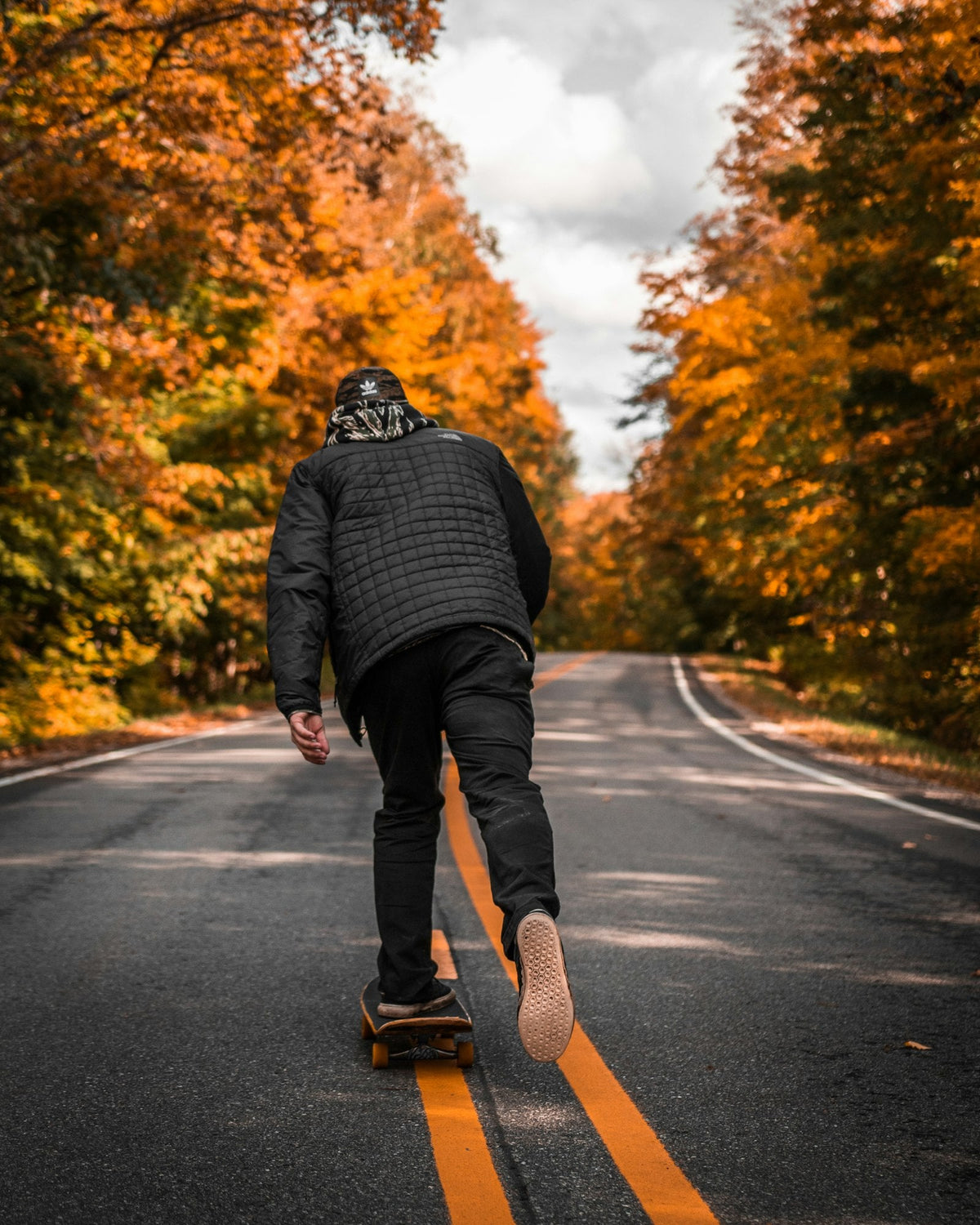 Rider qui pousse sur son board sur une route bordée d'arbres en automne