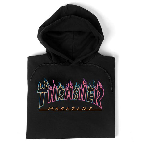 Thrasher Sweat Double Flame Neon Hood Black
