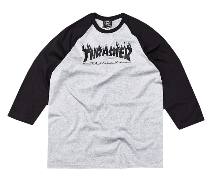 Thrasher T-Shirt Flame Raglan Grey Black
