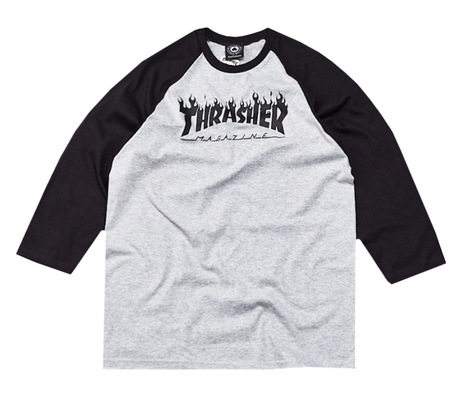 Thrasher T-Shirt Flame Raglan Grey Black