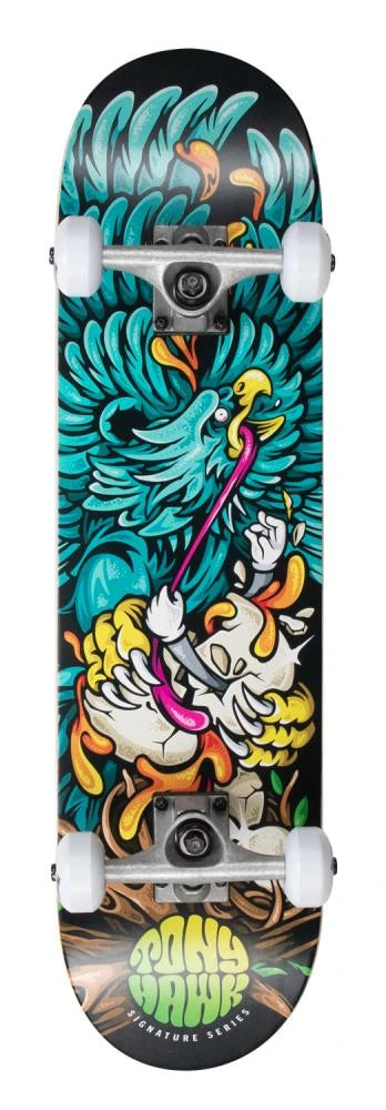 Skateboard complet Tony Hawk Signature Series 180 Rotten, plateau 7,375 pouces graphisme aigle turquoise et crâne, roues blanches