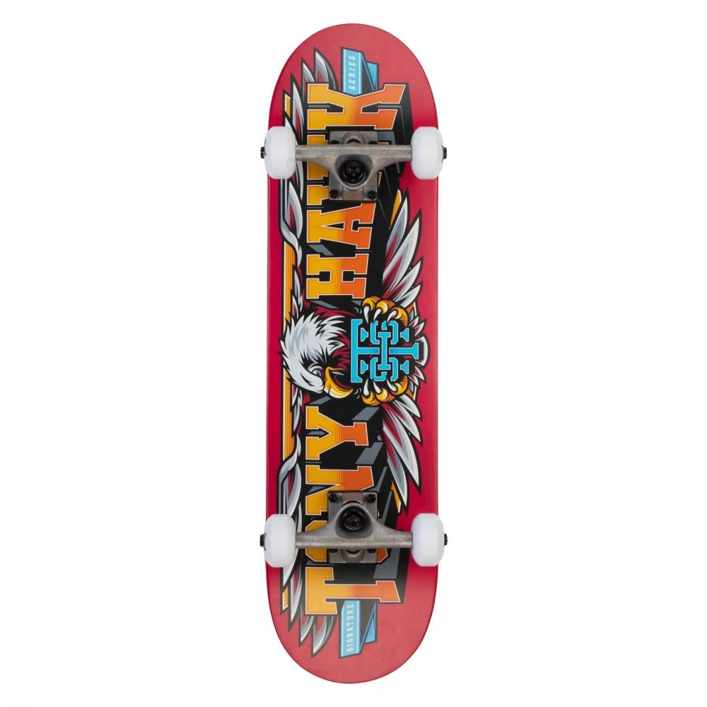 Skateboard complet Tony Hawk SS 180 Big League 7.25", dessous rouge avec graphique aigle, trucks argent et roues blanches