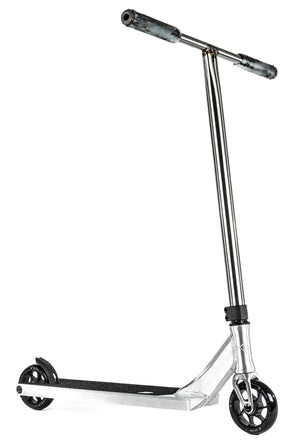 Trottinette freestyle Ethic DTC Pandora Brushed complète, vue de profil, guidon T-bar noir et pièces anodisées bleues