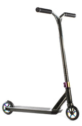 Trottinette freestyle Versatyl Cosmopolitan Néochrome complète, vue de profil, guidon Y-bar bleu et pièces néochrome